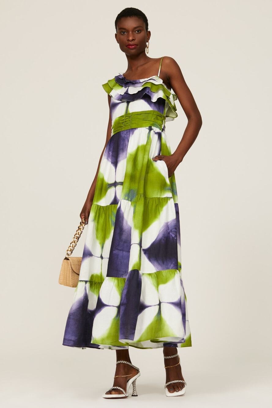 Busayo Collective One Shoulder Green Tie Dye Tiered Maxi Dress Size 8